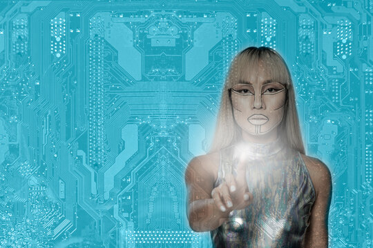 Cyborg in silver bodysuit touching interface over blue motherboard