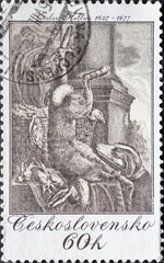 Czechoslovakia - circa 1975: A post stamp printed in Czechoslovakia showing a Still-life with Hare, by Vaclav Hollar (1649) Hunting Themes of Old Engravings.