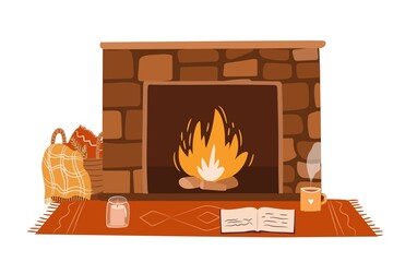 Cozy fireplace isolated on white background. Reading nook near fireplace concept. Vector flat illustration - obrazy, fototapety, plakaty