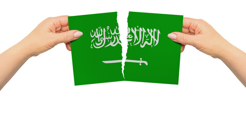 World countries. Woman hands are are holding two parts of flag. Saudi Arabi