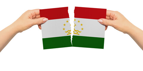 World countries. Woman hands are are holding two parts of flag. Tajikistan