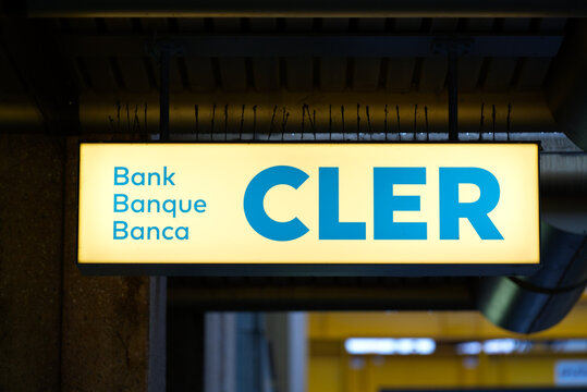 Logo of Swiss bank Cler outside bank branch building at City of Z&uuml;rich on a rainy winter day. Photo taken December 8th, 2021, Zurich, Switzerland.