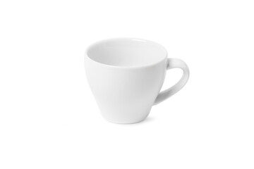 White cup isolated on white background. Ceramic coffee cup or tea mug for drink close up. Mock up classic porcelain utensils