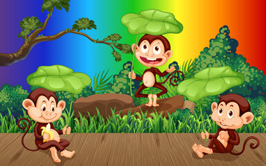 Three monkeys in the forest on gradient rainbow background