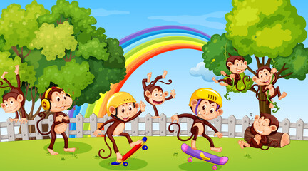 Obraz na płótnie Canvas Monkeys doing different activities in park scene
