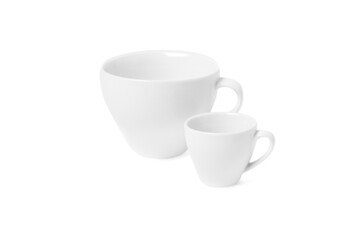 White cup isolated on white background. Ceramic coffee cup or tea mug for drink close up. Mock up classic porcelain utensils