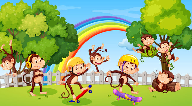 Monkeys doing different activities in park scene