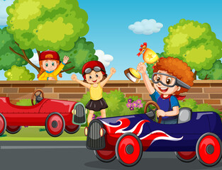 Parkscène met racewagen voor kinderen