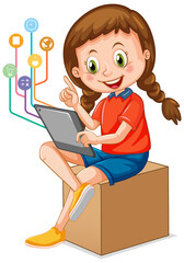 Jong meisje dat tablet met onderwijspictogrammen gebruikt