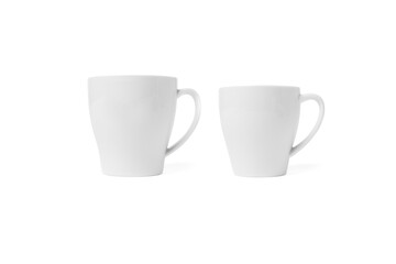 White cup isolated on white background. Ceramic coffee cup or tea mug for drink close up. Mock up classic porcelain utensils
