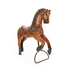 Vintage wooden horse toy on white background