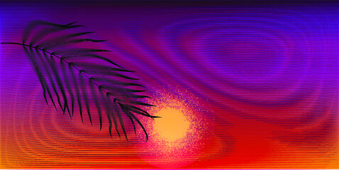 Retro futuristic background . Retro wave poster .Vector design composition with outrun sun and palm leave . Abstract contemporary art . 