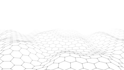 Abstract hexagon white wave with moving dots and lines. Flow of particles. Cyber technology illustration. Vector illustration.