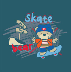 cute bear skating at park city and playing cartoon vector illustration scrapbook, childish poster, tag, sticker, t shirt, frocks for print