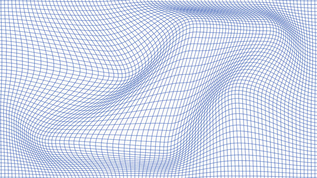 Perspective distorted white grid. Digital background with wireframe wave. Vector curve surface.