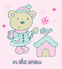 cute baby teddy bear playing and building a snow house in the snow cartoon vector illustration for print, poster, greeting card invitation, badges, stickers, book covers, pajamas and mugs