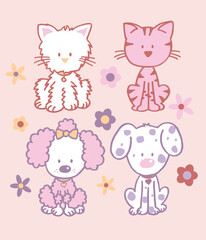 baby cat and dog  flower background cartoon vector illustration cute kitten and puppy art for kids t shirt, frocks, print, poster, greeting card invitation, badges, stickers, book covers and mugs.