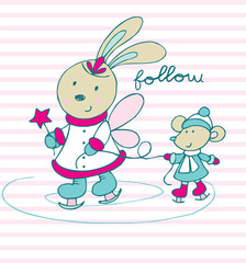 Cute angel bunny ice skating with little mouse following in snow vector cartoon illustration for scrapbook, childish poster, tag, sticker, t shirt for print.