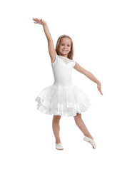 Cute little girl in beautiful dress dancing on white background