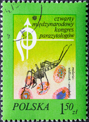 POLAND - CIRCA 1978: A post stamp printed in Poland showing an Anopheles Mosquito (Anopheles maculipennis), Blood Cells malaria - obrazy, fototapety, plakaty