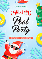 Christmas Pool Party invitation poster vector illustration. Cute Santa Claus pool floats
