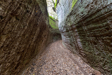Via Cava Poggio Prisco the Etruscan Vie Cave (roads dug into the tuff). Citt&agrave; del Tufo archaeological park. Sorano, Sovana, Tuff city in Tuscany. Italy