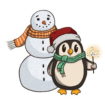 Cute penguin and snowman.