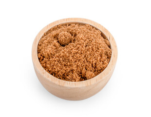 wooden bowl of brown sugar isolated on white background