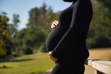 Young pregnant woman in profile in black dress, leaning on a wooden railing and holding her belly...