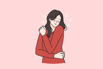 Happy young Caucasian woman hug herself feel secure and self-confident. Smiling millennial girl feel body positive enjoy optimistic leisure or weekend. Positivity concept. Flat vector illustration. 