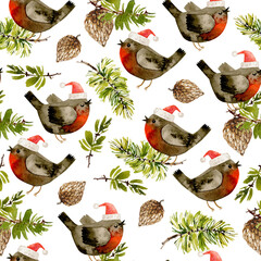 Watercolor Seamless Pattern with Bullfinches on Hawthorn and Fir Branches with Cones Isolated on White. Robin Bird Wildlife Scene Ornament. Vintage Style Traditional Winter Symbols. Vector