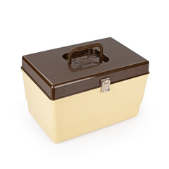 Vintage Plastic Sewing Box on white background
