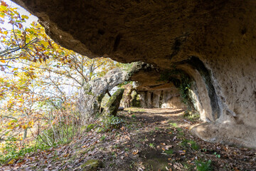 cave settlement of Vitozza dug into the tuff. Città del Tufo archaeological park. Sorano, Sovana, Tuff city in Tuscany. Ital