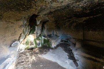 cave settlement of Vitozza dug into the tuff. Città del Tufo archaeological park. Sorano, Sovana, Tuff city in Tuscany. Ital
