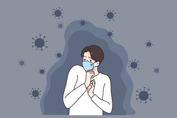 Obraz premium Scared young man in facemask afraid of covid-19 infection. Terrified guy in facial mask frustrated with corona virus spread. Coronavirus pandemics. Healthcare and medicine. Vector illustration. 