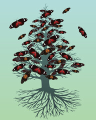 Print

A vector illustration of a tree of life or yggdrasil with  butterfly flowers. The tree has a pointed shape.