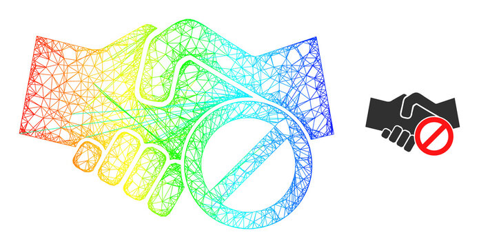 Crossing mesh avoid handshake framework icon with spectrum gradient. Colored carcass mesh avoid handshake icon. Flat carcass created from avoid handshake symbol and crossing lines.