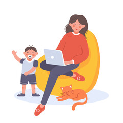 Fototapeta na wymiar Young mother sitting on the bean bag chair with cat and child and working on laptop from home. Maternity concept illustration in vector flat style isolated on white background.