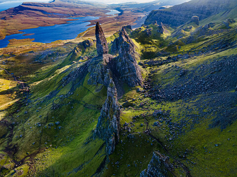UK, Scotland, Aerial view of Old Man of Storr formation