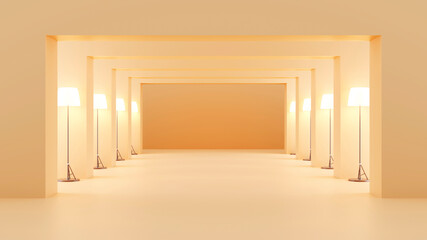 Three dimensional render of beige colored corridor illuminated by rows of floor lamps