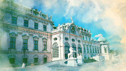 Watercolor pattern of Vienna Austria colorful illustration card Belvedere palace garden