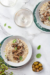 mushroom risotto with onions, garlic and parmesan