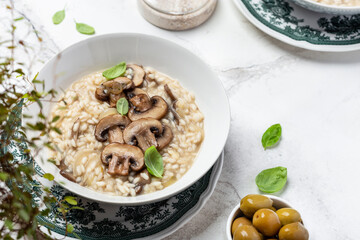 mushroom risotto with onions, garlic and parmesan