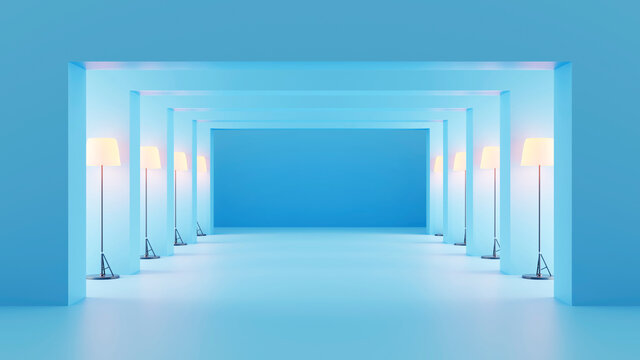 Three dimensional render of blue corridor illuminated by rows of floor lamps