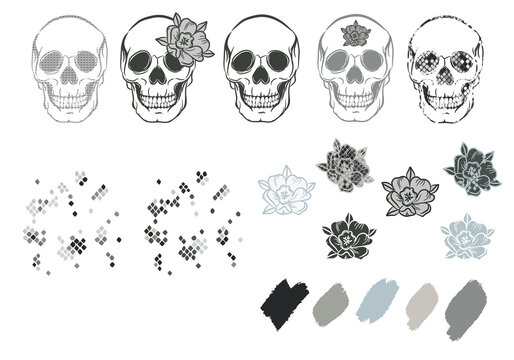 Skulls with flowers and snake skin texture. Floral boho and grunge designs for tshirt print.