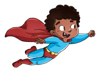 Illustration of African American superhero boy flying
