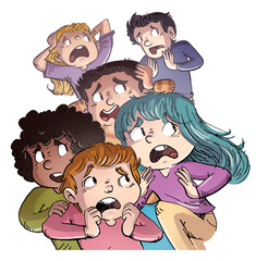 Illustration of group of children with terrifying fear
