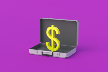 Symbol of dollar near open metal suitcases. Industrial investment. International credit. Payment of utility bills. Foreign exchange reserve. 3d render