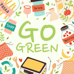 Eco Friendly Zero Waste Go green Wallpaper, Banner. Fruits, banks, eco bags, leaves, menstrual bowl, soap and other Flat style, doodle, contour. Recycling, preservation of the planet. 