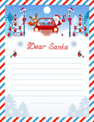 Santa letter template with wish list and cartoon Santa Claus and fawn deer in red vintage car with gift box against winter forest background.